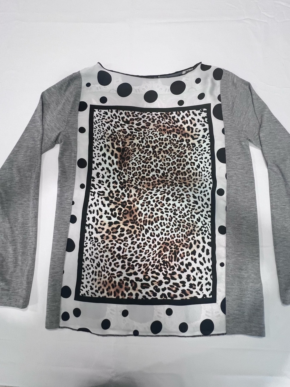 Girls' Grey Long Sleeve Top with Leopard & Polka Dot Panel Venus